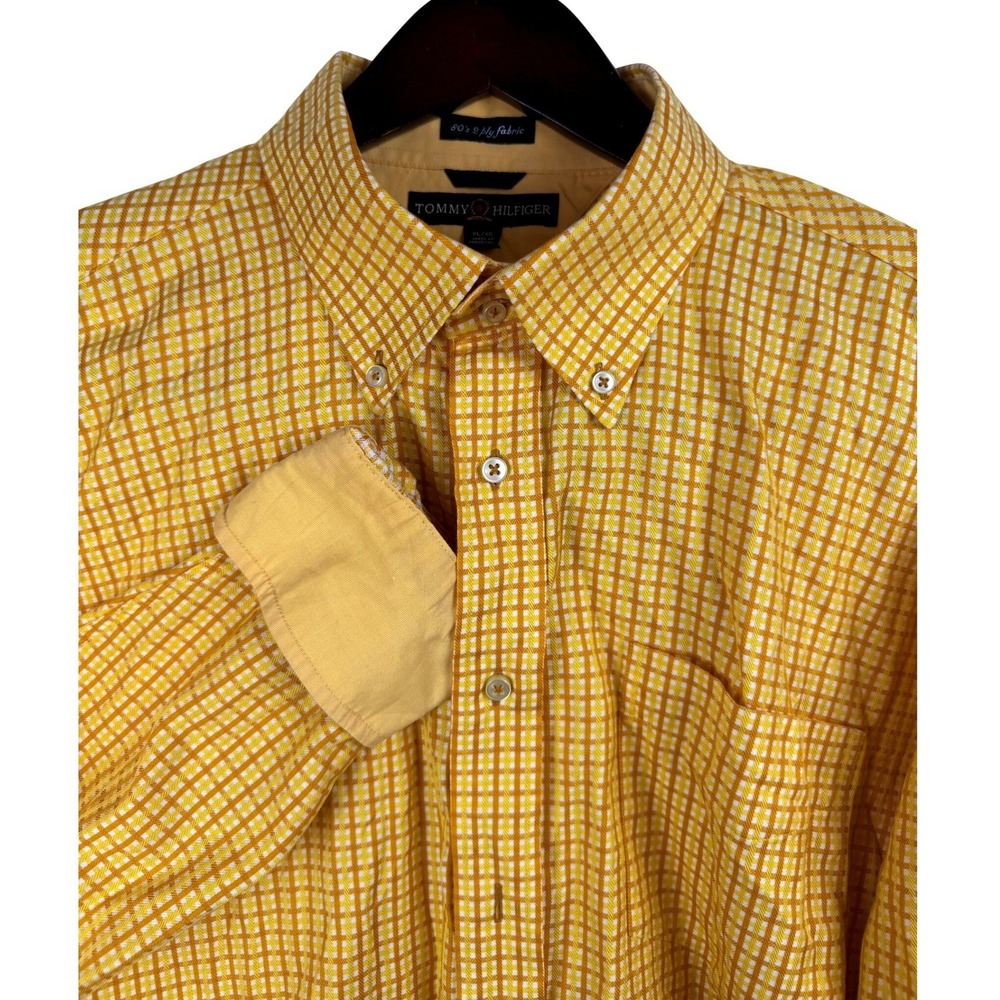 Tommy Hilfiger Mens XL Gingham Button Down Shirt Yellow White Long Sleeve Casual